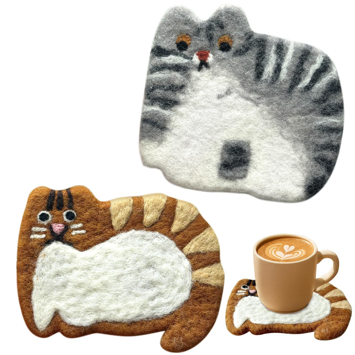 Cute Wool Cat Coasters - 2 Pack Brown and Cow Cat Coasters for Desk, Heat Insulation, Moisture Absorbent, Handmade Wool Felt, for Office Home, Christmas Housewarming - Set of 2