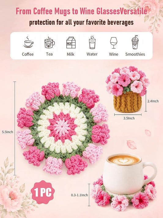 Crochet Flower Bouquet Coasters, Cotton Tulip Gifts for Home Decor 1Pc