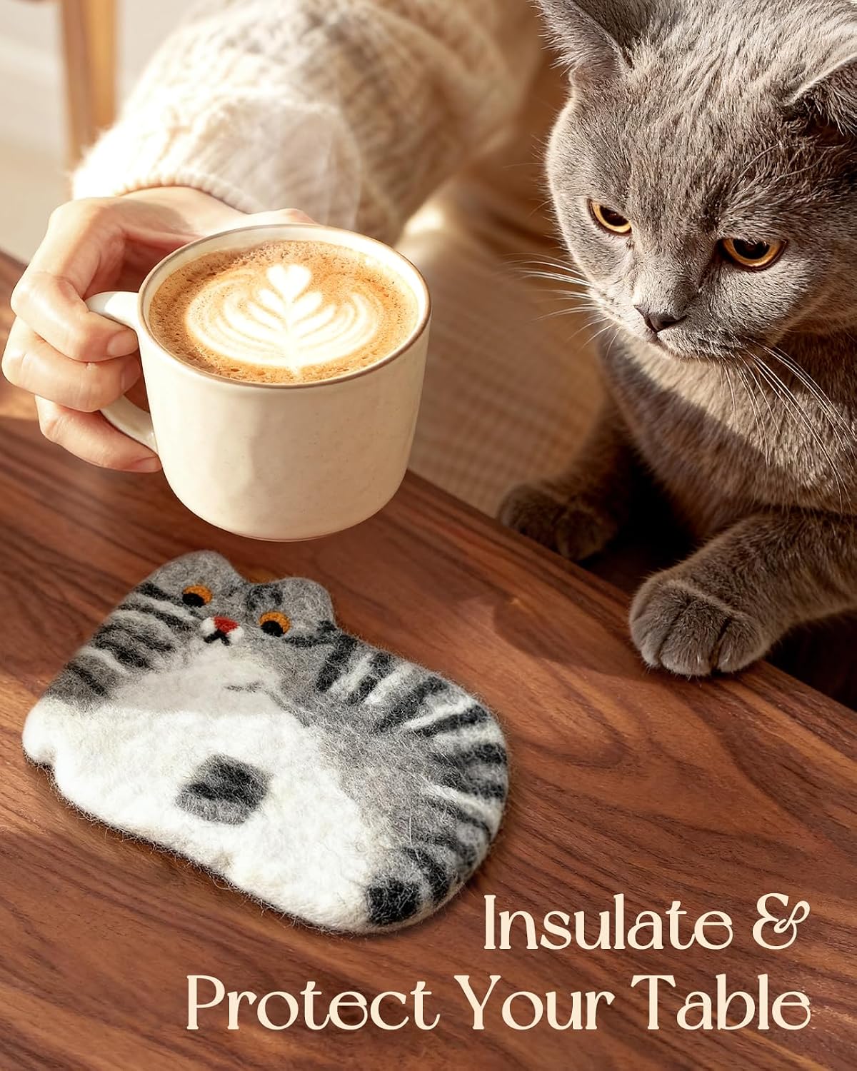 Cute Wool Cat Coasters - 2 Pack Brown and Cow Cat Coasters for Desk, Heat Insulation, Moisture Absorbent, Handmade Wool Felt, for Office Home, Christmas Housewarming - Set of 2