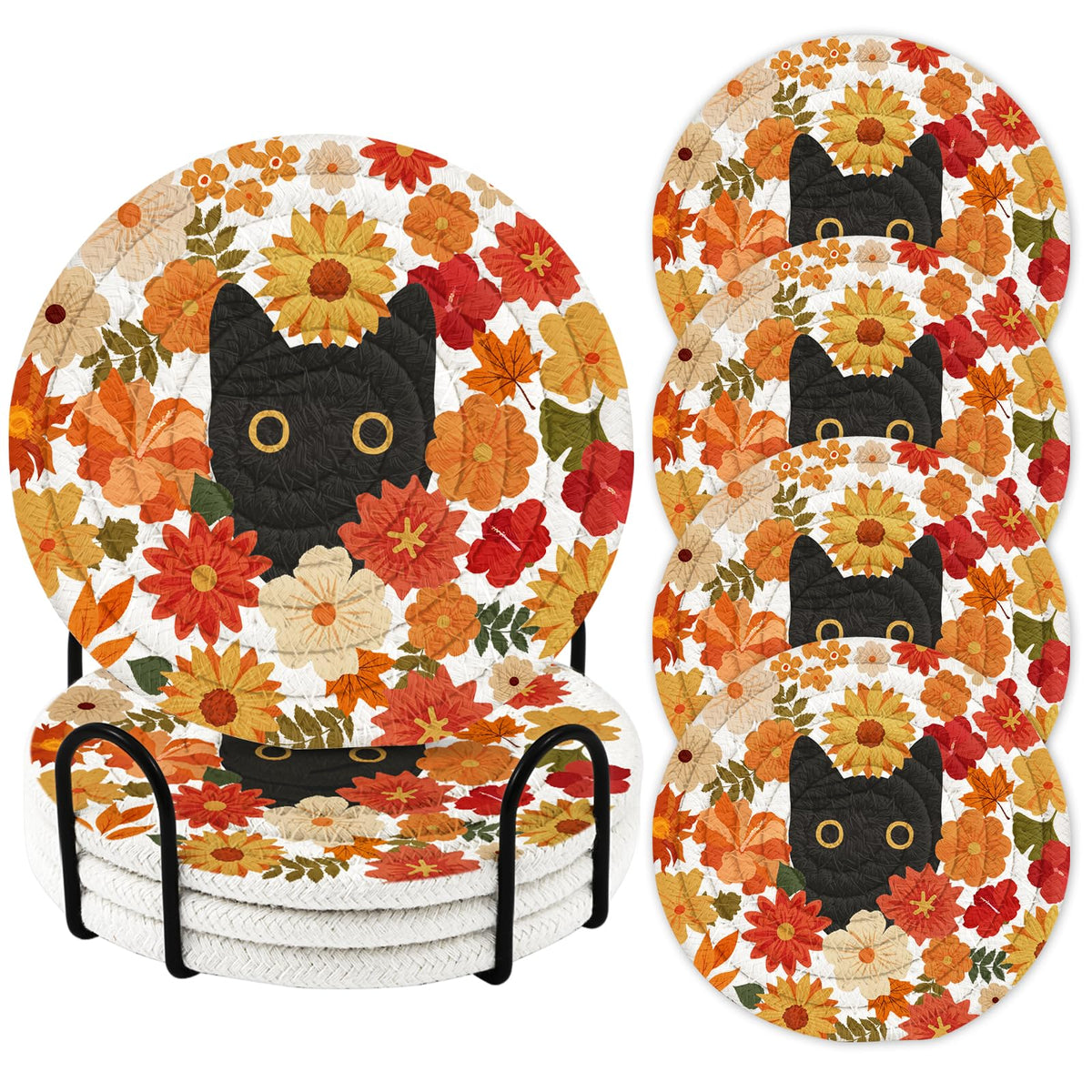 4Pcs Braided Cotton Fall Coasters with Holder, Cat & Pumpkin Decor