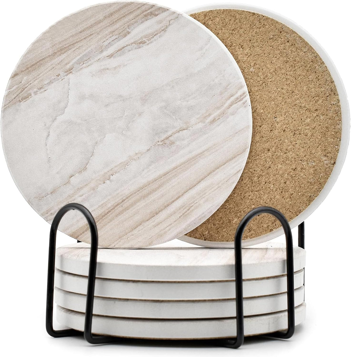 6Pcs Absorbent Coasters Set with Holder,Ceramic Drink Coaster,4 in(A1)