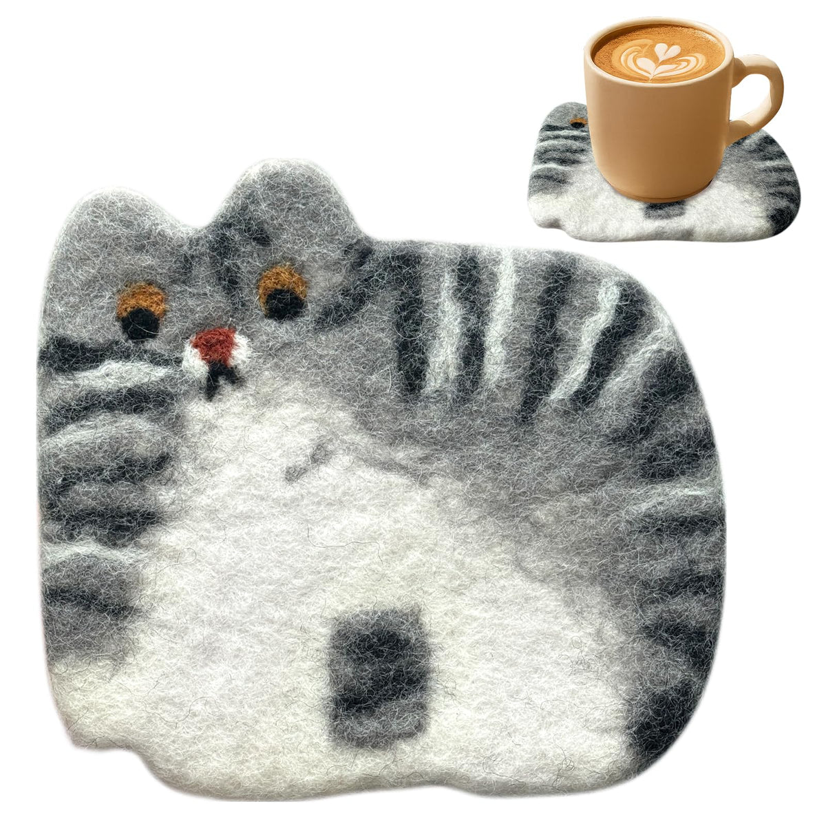 Cute Wool Cat Coasters - 2 Pack Brown and Cow Cat Coasters for Desk, Heat Insulation, Moisture Absorbent, Handmade Wool Felt, for Office Home, Christmas Housewarming - Set of 2