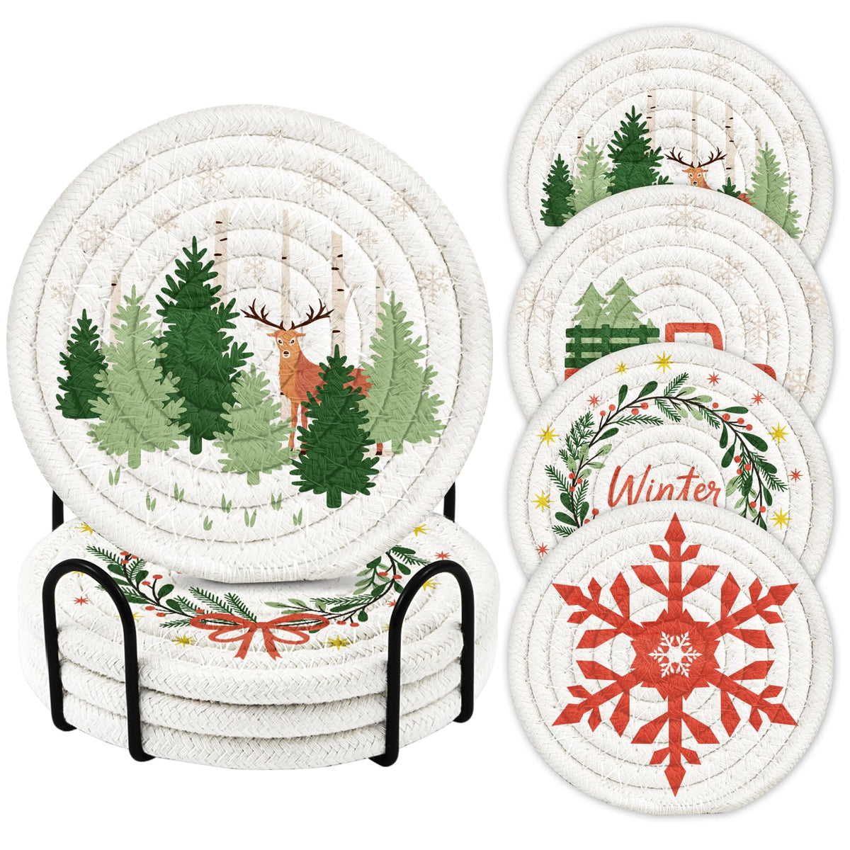 4Pcs Braided Cotton Fall Coasters with Holder, Cat & Pumpkin Decor