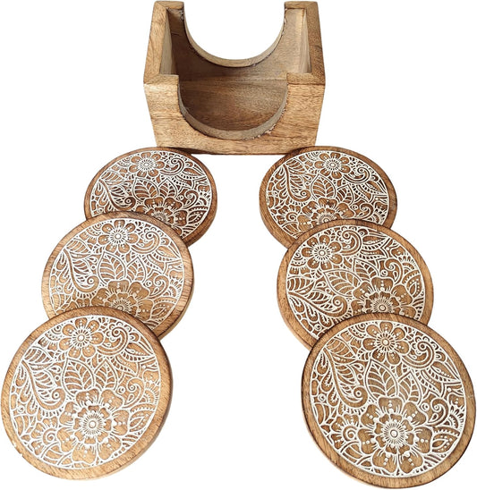 VANIYA CRAFTS® Handmade Round Wooden Coasters for Drinks with Holder for Coffee Table, Hot Drinks, Beverages, Housewarming Gift (Natural White Finish)