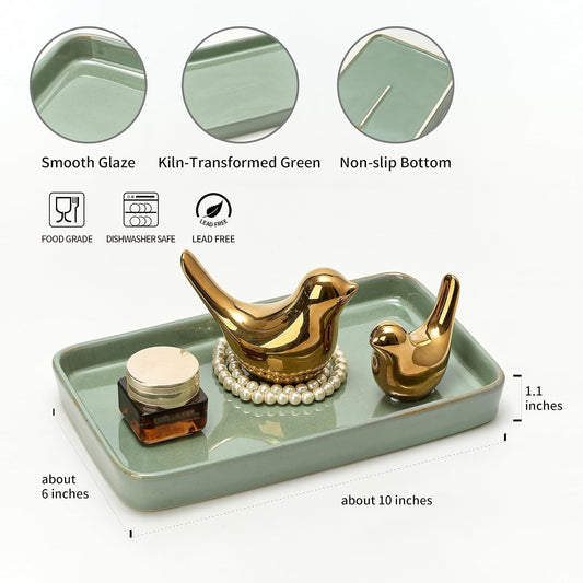 10"×6"×1" Bathroom Vanity Tray for Countertop- Ceramic Decorative Organizer Tray for Dresser Tops, Toilet, Perfume, Sponge Holder Soap Dish Dispenser for Kitchen Counter- Kiln-Transformed Green