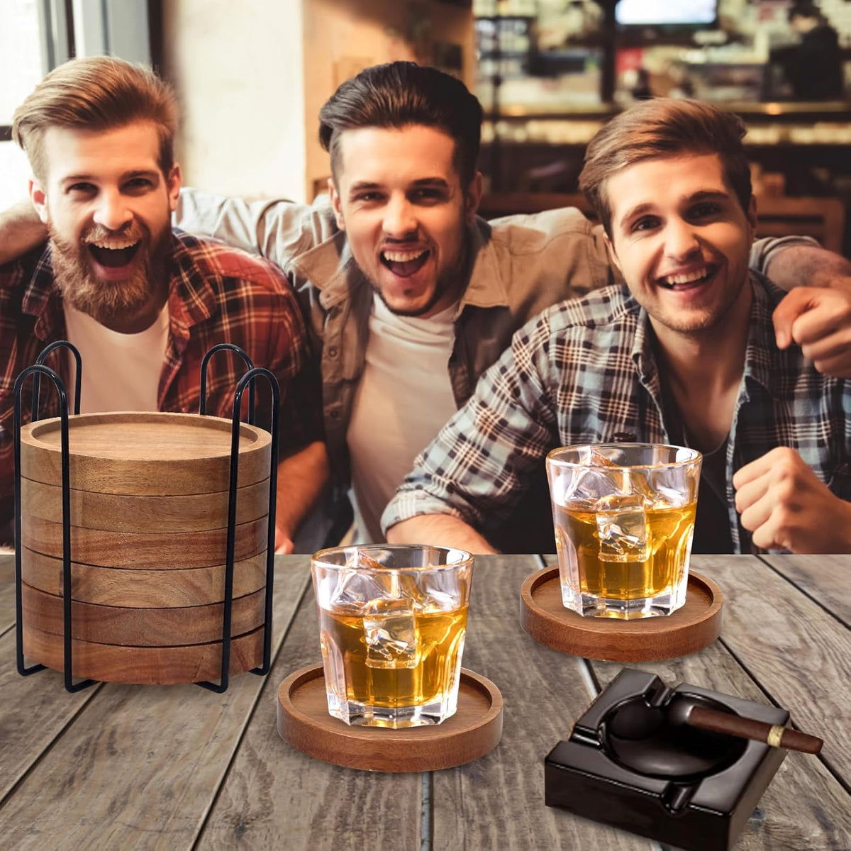 Acacia Wood Coasters Set of 8 Bar Accessories Table Decor Wooden Coaster