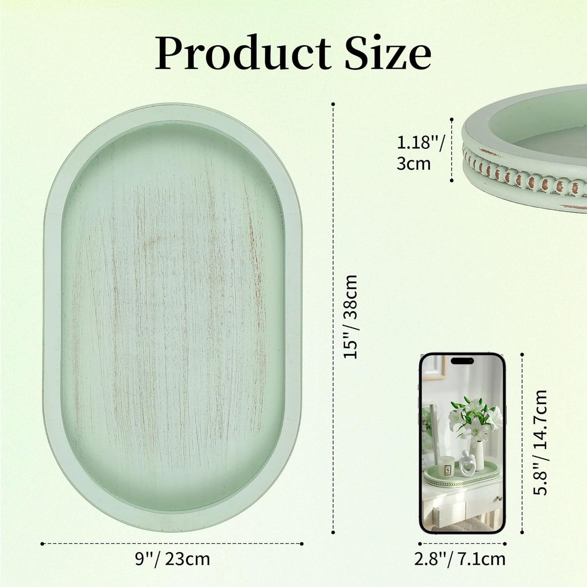 Hanobe 15" Sage Green Decorative Trays for Coffee Table Decor, Beaded Edge