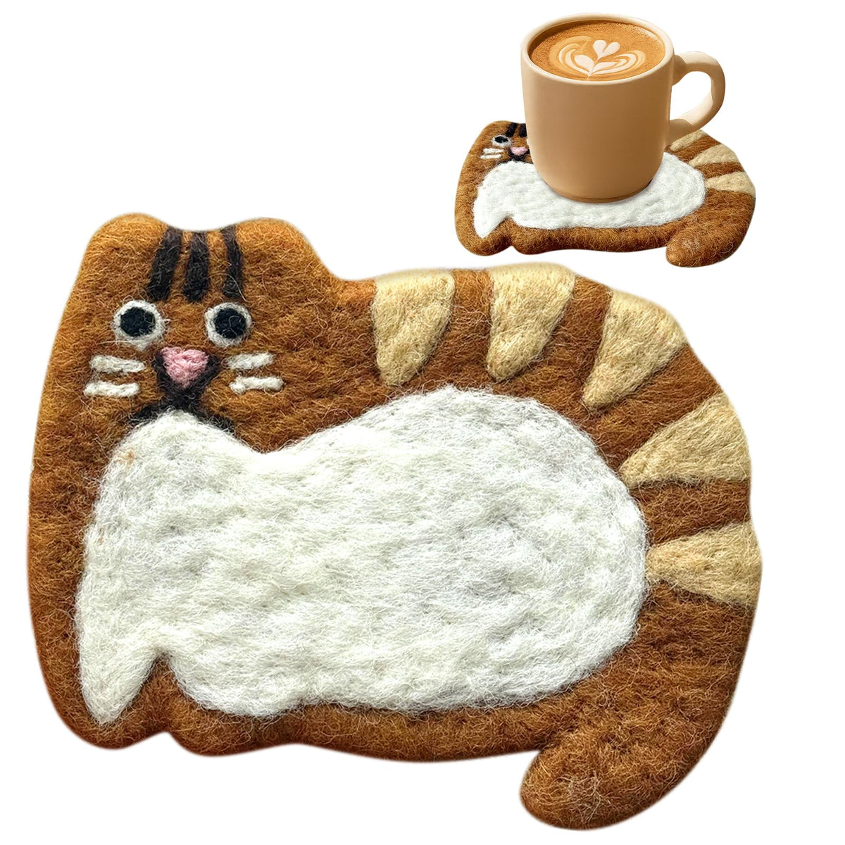 Cute Wool Cat Coasters - 2 Pack Brown and Cow Cat Coasters for Desk, Heat Insulation, Moisture Absorbent, Handmade Wool Felt, for Office Home, Christmas Housewarming - Set of 2