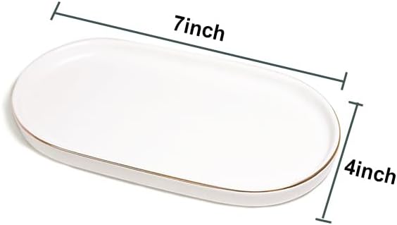 Ceramic Jewelry Dish, Perfume Vanity Tray, 7x4 Decorative Catch All Bowl for Trinket Key Ring, Small Bathroom Counter Tray, Soap Tray for Kitchen Sink (White)