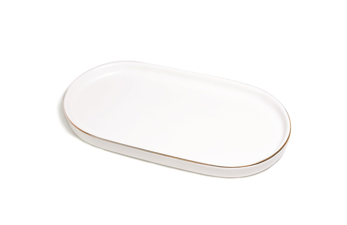 Ceramic Jewelry Dish, Perfume Vanity Tray, 7x4 Decorative Catch All Bowl for Trinket Key Ring, Small Bathroom Counter Tray, Soap Tray for Kitchen Sink (White)