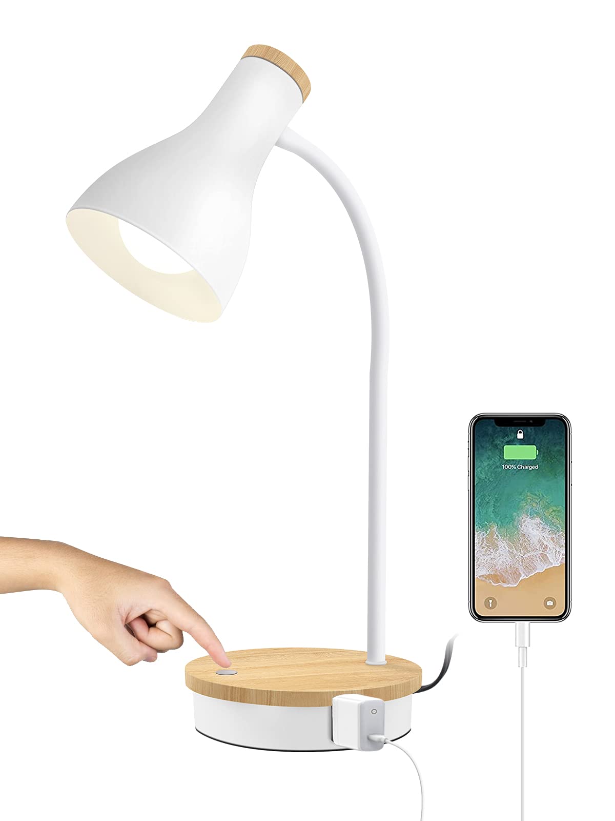 LALISU Metal Desk Lamp Table Lamp Reading Lights Arc Desk Lamps Wood Base
