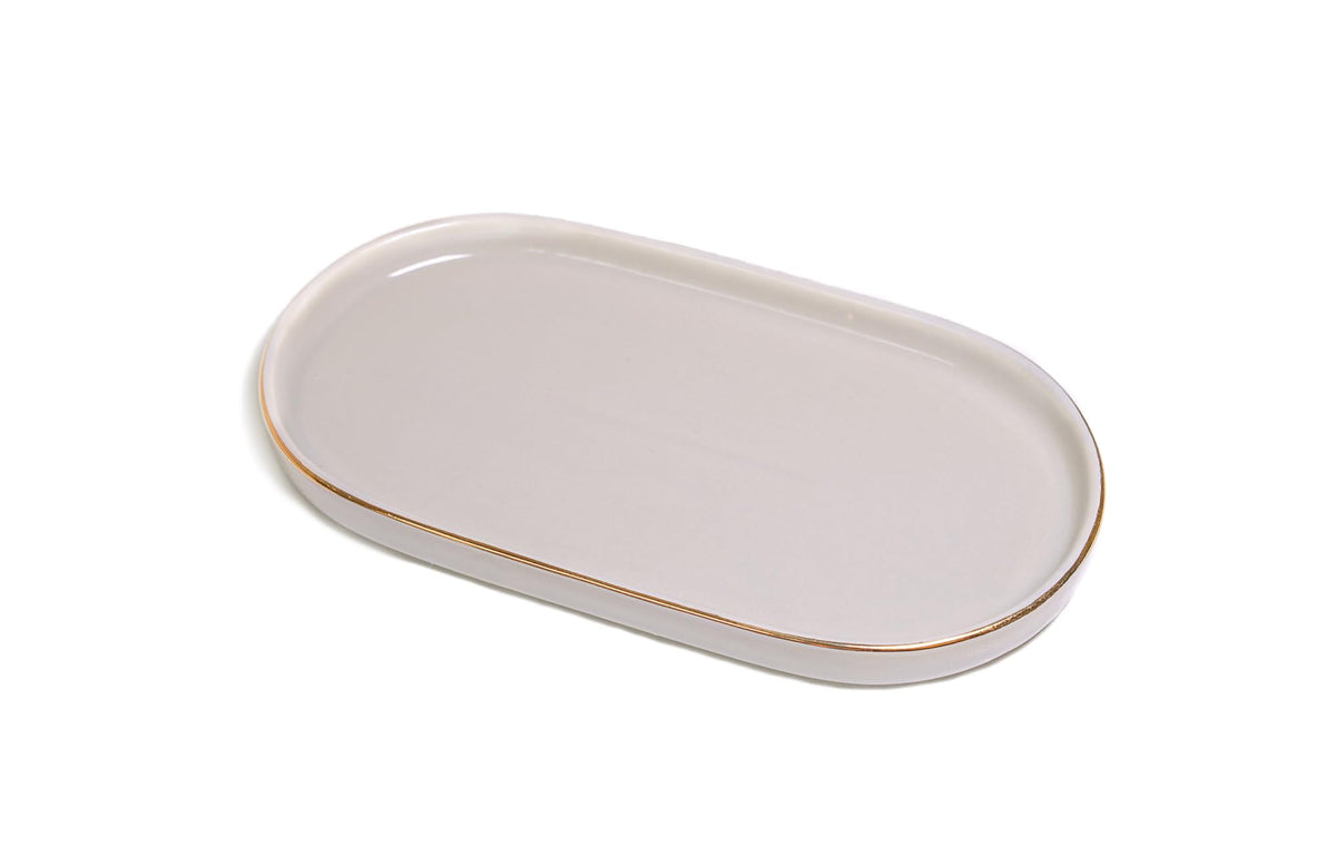 Ceramic Jewelry Dish, Perfume Vanity Tray, 7x4 Decorative Catch All Bowl for Trinket Key Ring, Small Bathroom Counter Tray, Soap Tray for Kitchen Sink (White)