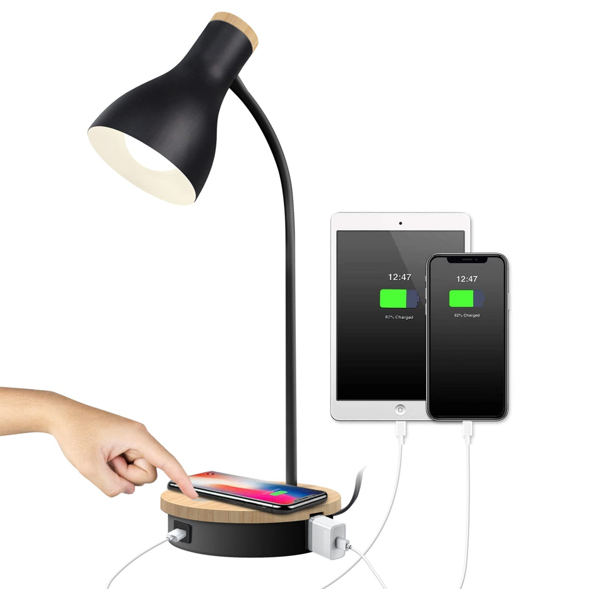 LALISU Metal Desk Lamp Table Lamp Reading Lights Arc Desk Lamps Wood Base
