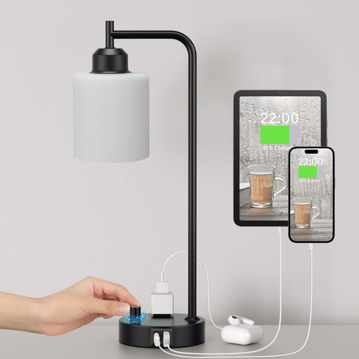 Industrial Desk Lamp, Fully Dimmable Small Bedside Table Lamp, Black, USB C