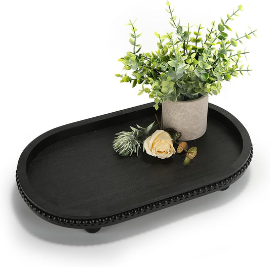 Wooden Decorative Tray for Coffee Table, Black Beaded Oval Tray Home Decor