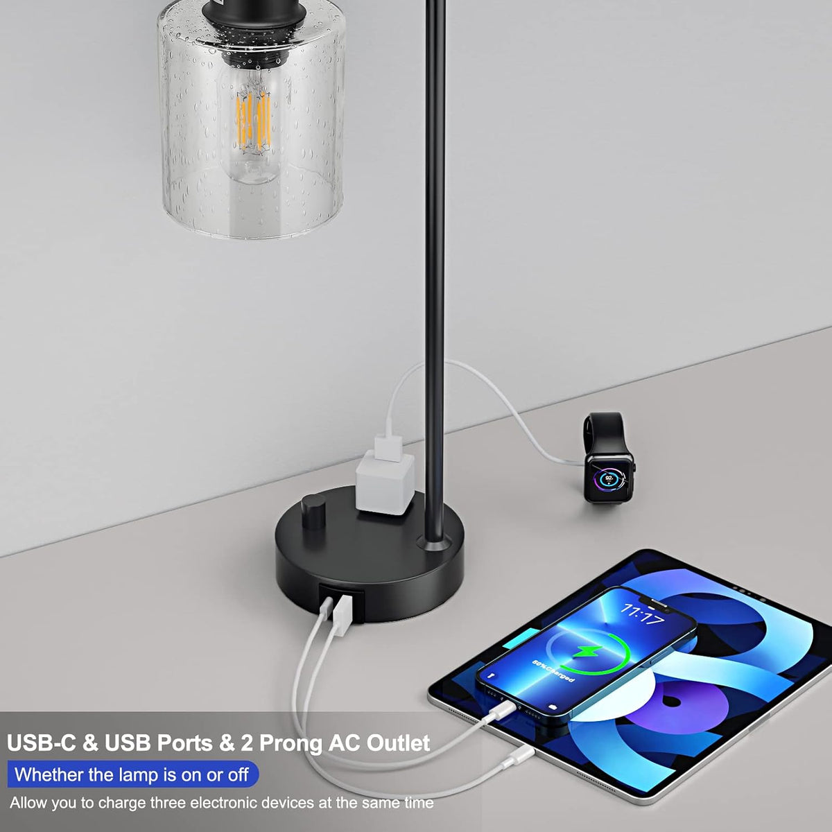 Industrial Desk Lamp, Fully Dimmable Small Bedside Table Lamp, Black, USB C