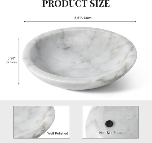 Koville 5.51" Marble Tray, Natural Stone Trinket Dish for Ring Jewelry, Round Marble Soap Tray for Bathroom Kitchen Sink Vanity Countertop, Small Decorative Key Bowl for Enterway(Bianco Carrara)