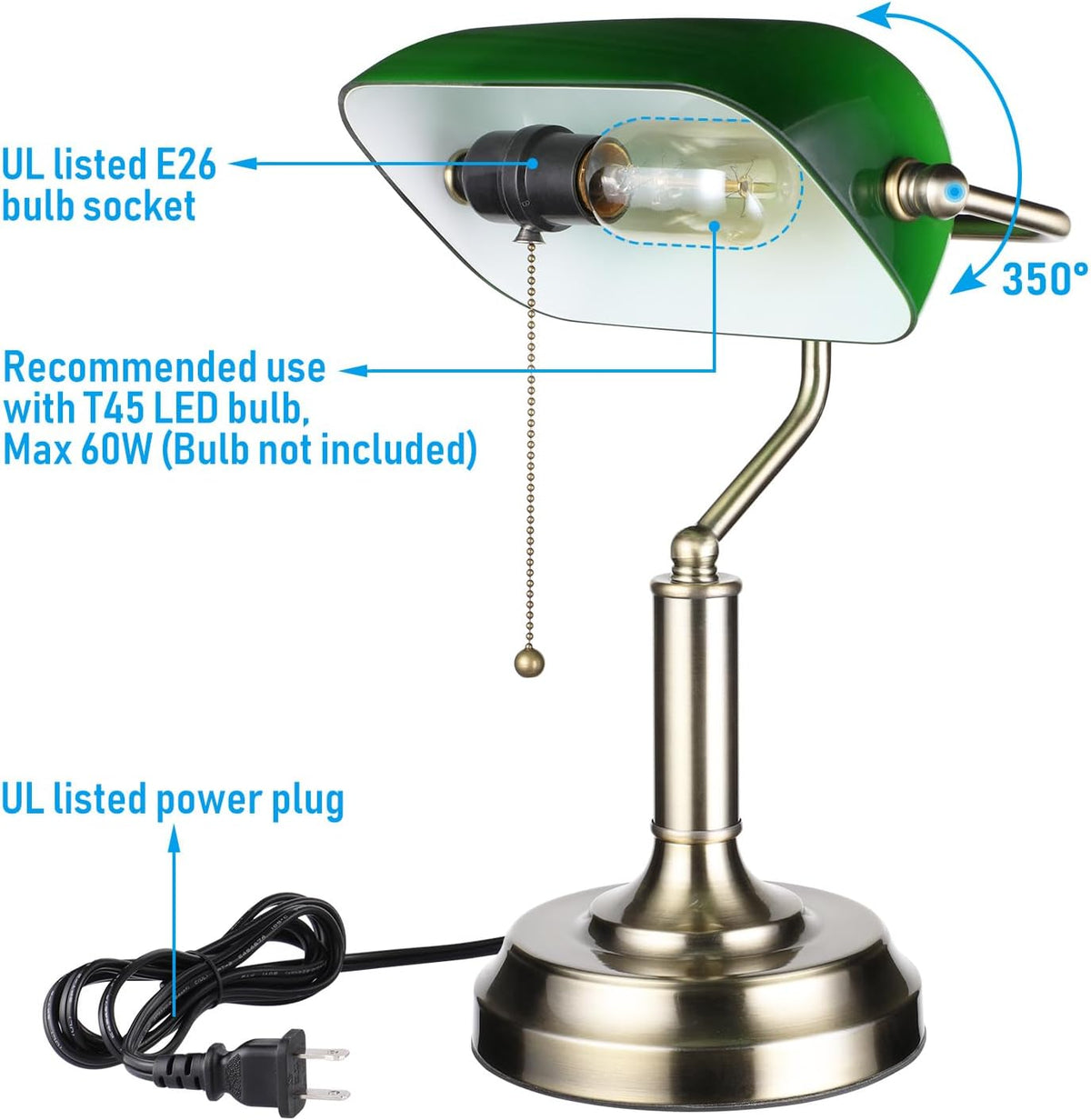 TORCHSTAR Green Glass Bankers Desk Lamp with Pull Chain, E26 Base
