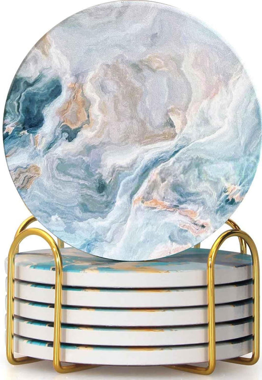Drink Coasters with Holder 6 Pack, Ceramic Marble Style, Absorbent Abstract Coasters Set, 4in Cup Mat for Any Cups, Home, Living Room Decor, Tabletop-Protection for Coffee Beverage-Light Blue