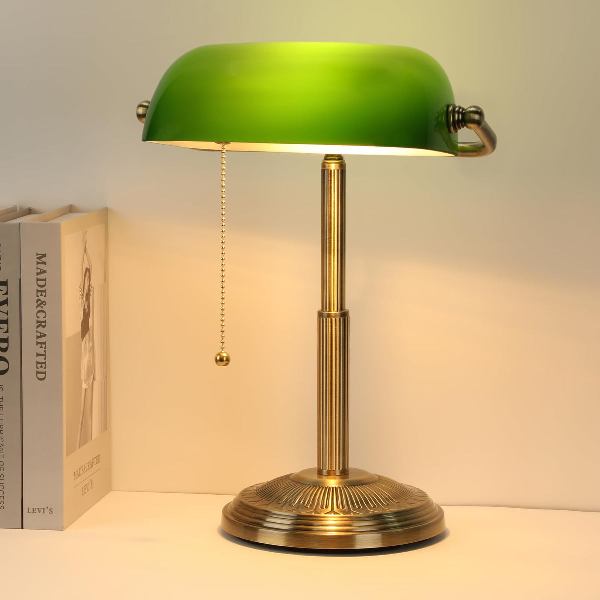 LINNMON Bankers Desk Lamp, Pull Chain Switch (Copper+Green)