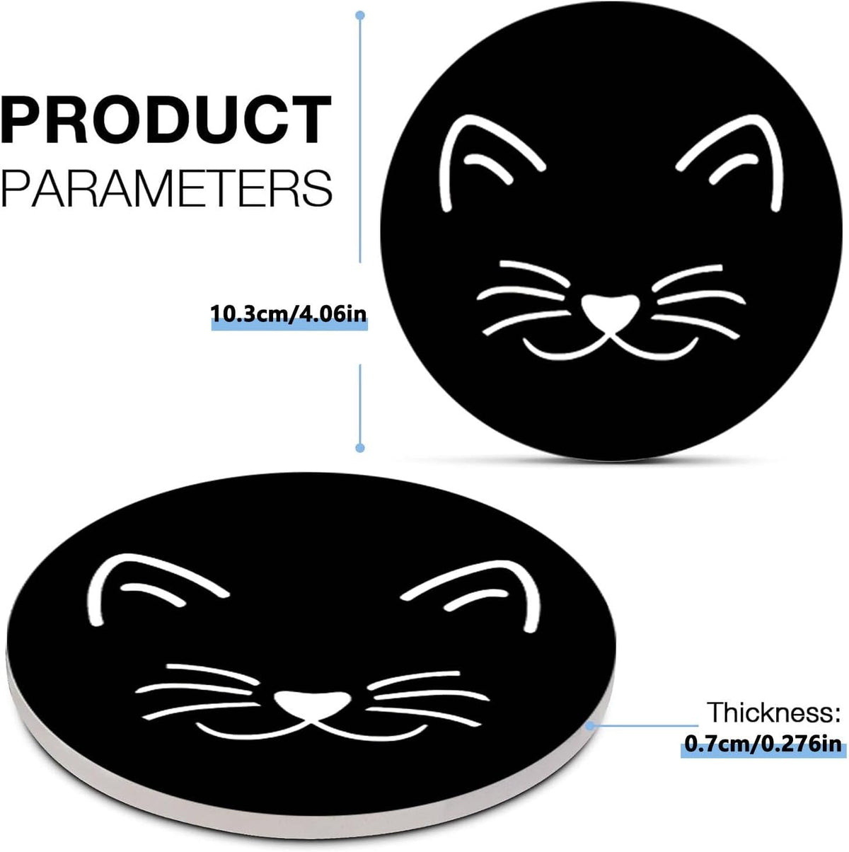 2PcsCat Ceramic Coasters with Cork Base Absorbent Cup Mat for Drinks