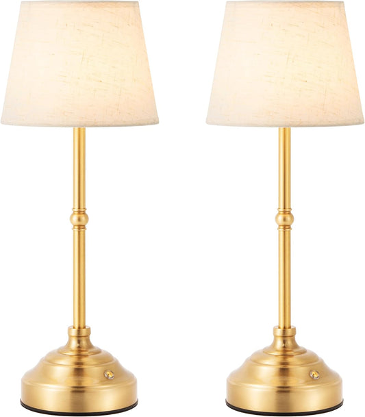 2 Pack Cordless Table Lamp, Rechargeable Desk Lamp with Fabric Shade, Battery Operated 3 Color Stepless Dimming, Small Touch Bedside Lamp Home Decor for Dining, Counter(Brushed Gold)