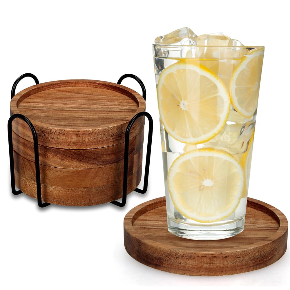 Acacia Wood Coasters Set of 8 Bar Accessories Table Decor Wooden Coaster