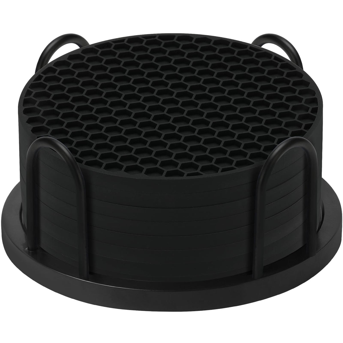 TWTLi 8-Pack Silicone Drink Coasters with Holder, Non-Slip Coaster Set for Coffee Table, Kitchen & Office, Protect Furniture from Water Rings, Heat & Spills, Black