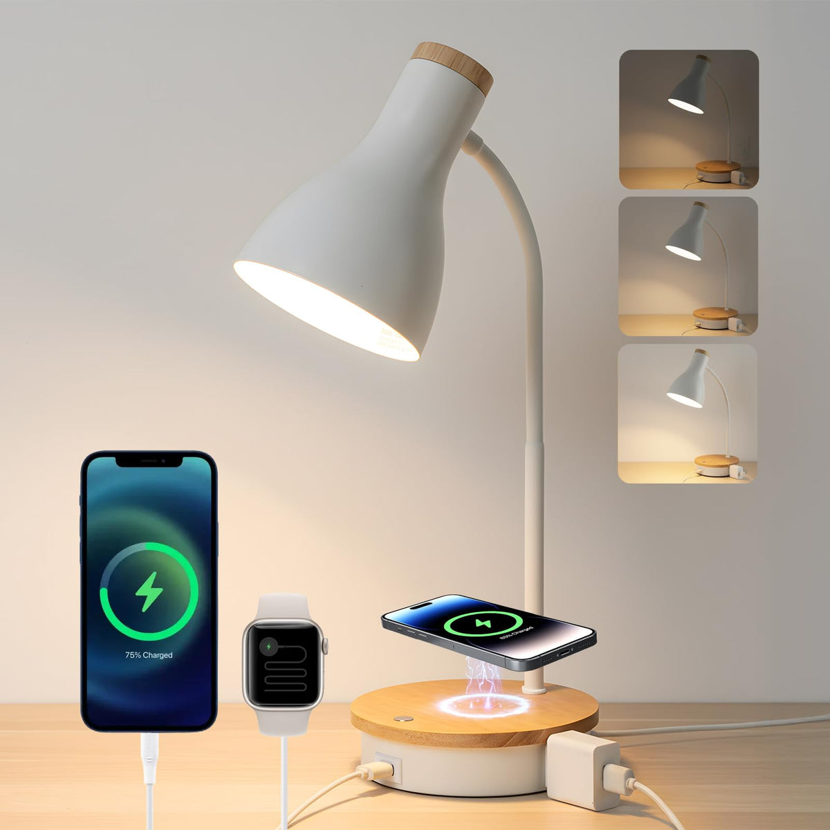 LALISU Metal Desk Lamp Table Lamp Reading Lights Arc Desk Lamps Wood Base