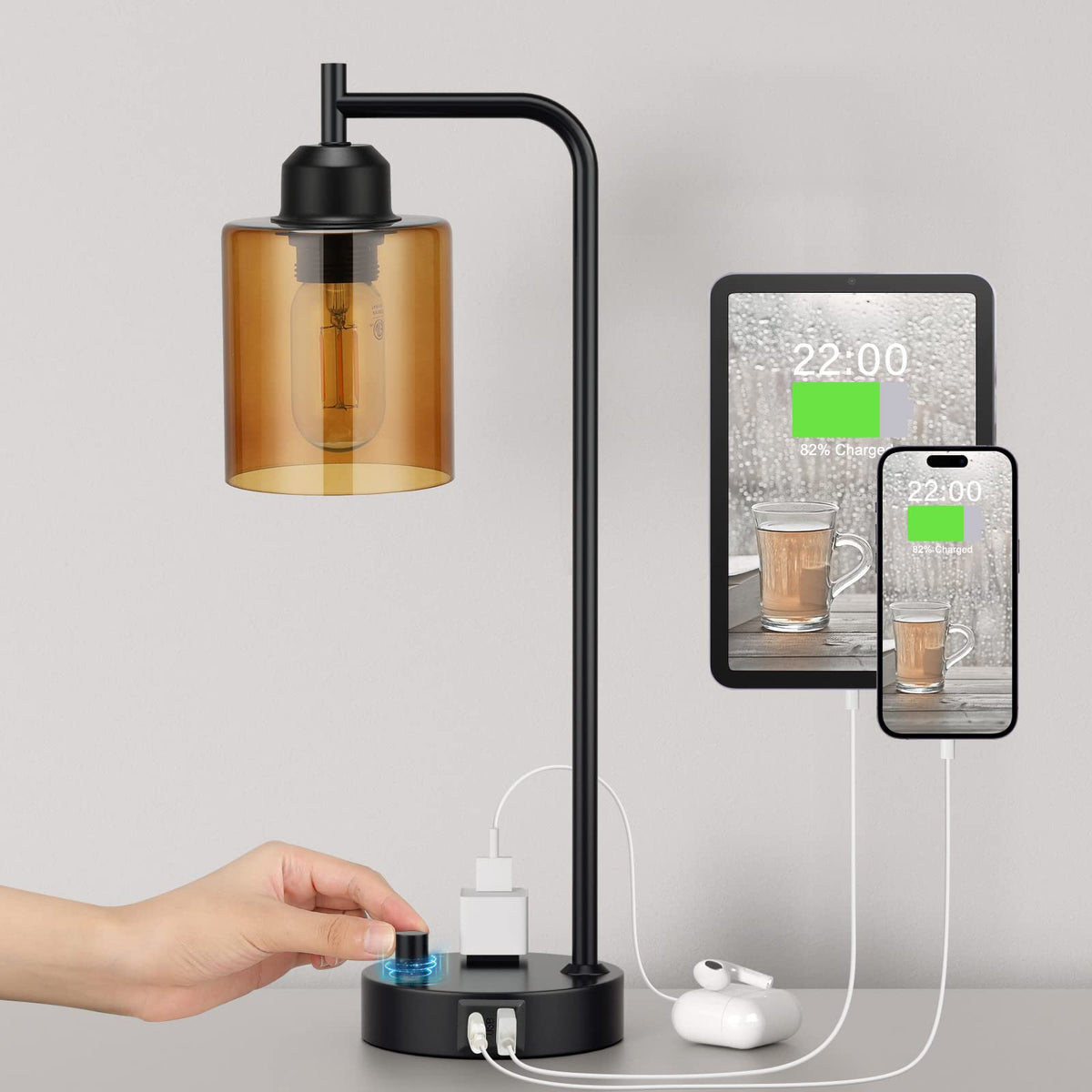 Industrial Desk Lamp, Fully Dimmable Small Bedside Table Lamp, Black, USB C