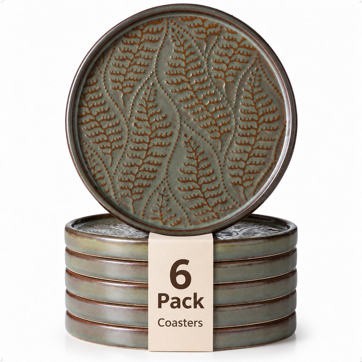 Drink Coasters, Ceramic Coasters for Drinks, 6 Pack, Green