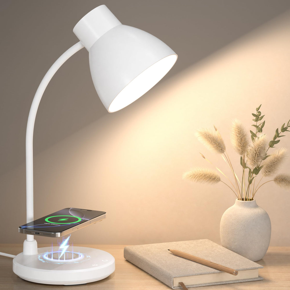 LED Desk Lamp for Home Office with Wireless Charger, Black