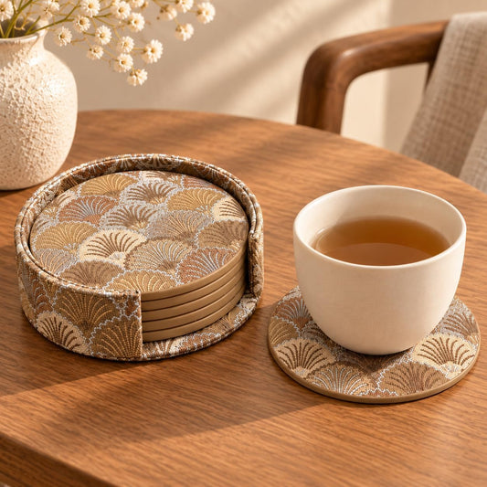 4 Inches Art Deco Coasters Set of 6 with Holder, Mocha