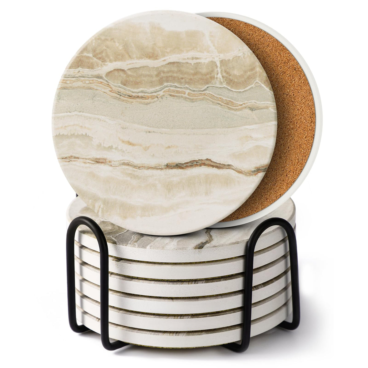 LIFVER Absorbent Coaster Sets of 4, Drink Coasters with Holder, Marble Style Ceramic Drink Coaster for Tabletop Protection, Suitable for Kinds of Cups, Wooden Table, Cool Home Decor, 4 Inches