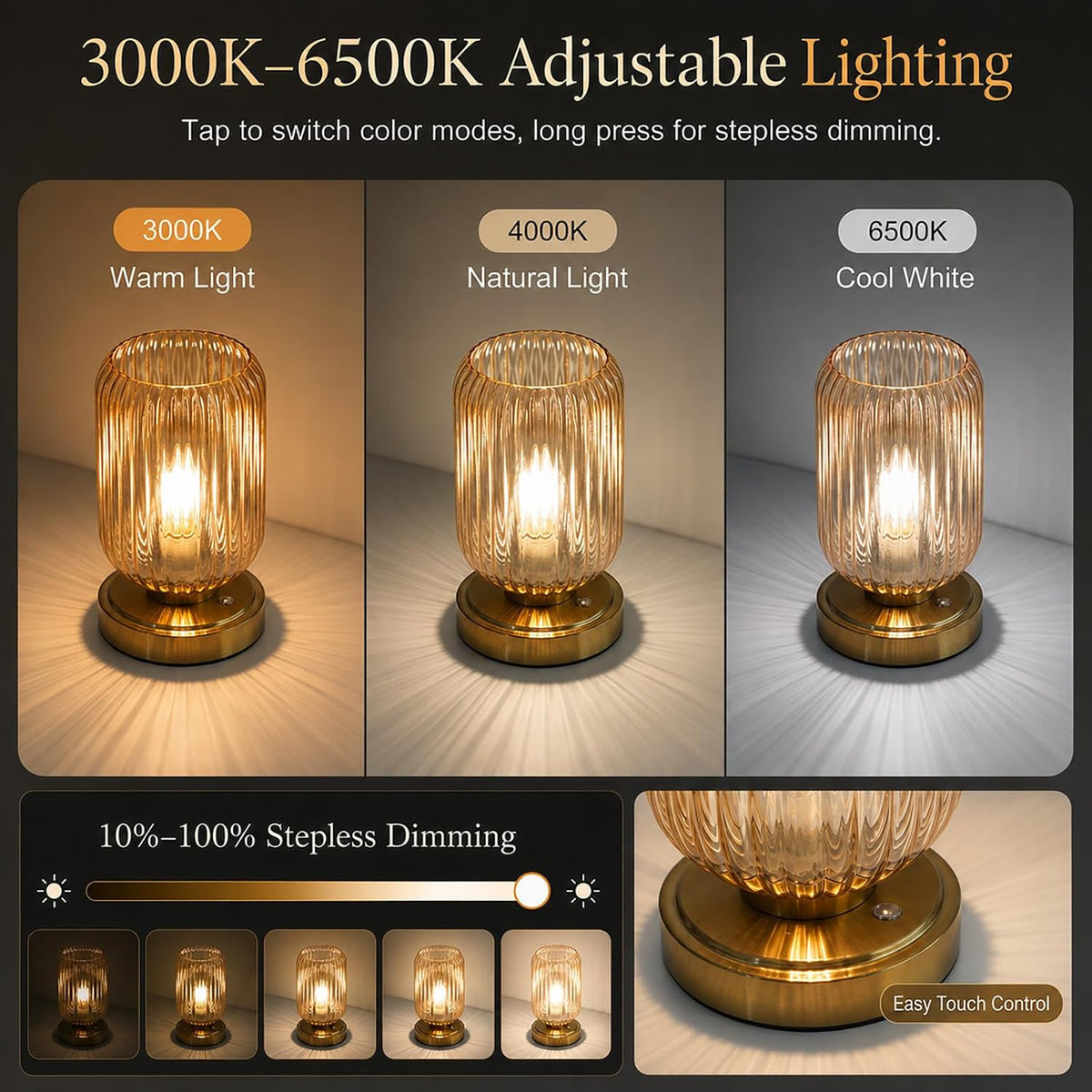 Cordless Glass Table Lamp, 3 Color Modes & Stepless Dimming, Amber