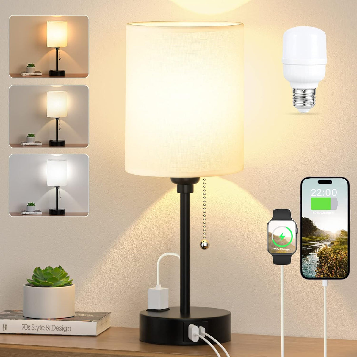 Dicoool Bedside Table Lamp for Bedroom - Small Desk Lamp with USB Ports