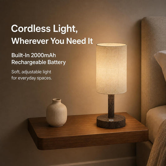 Small Rechargeable Cordless Table Lamp, Nightstand to Desk, Dark Walnut