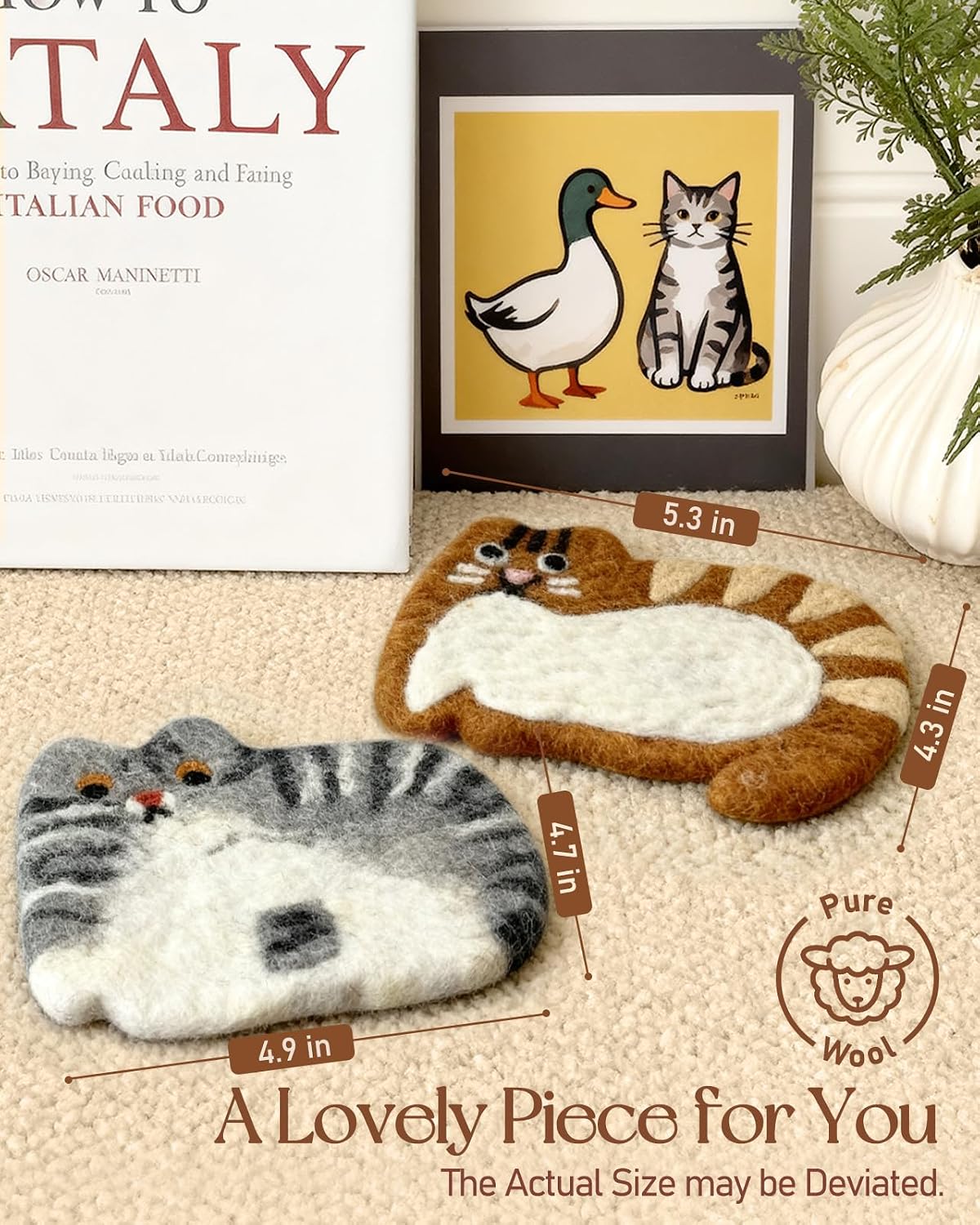 Cute Wool Cat Coasters - 2 Pack Brown and Cow Cat Coasters for Desk, Heat Insulation, Moisture Absorbent, Handmade Wool Felt, for Office Home, Christmas Housewarming - Set of 2