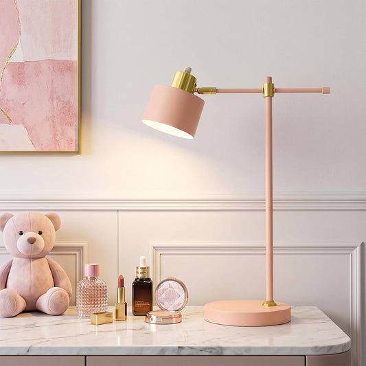 OYEARS 22.2" Modern Desk Lamp, Metal Table Lamp with LED Bulb, Adjustable Reading Lamps for Living Room, Mid Century Task Lamp for Home Office, Industrial Bedside Lamps with Solid Base, Pink