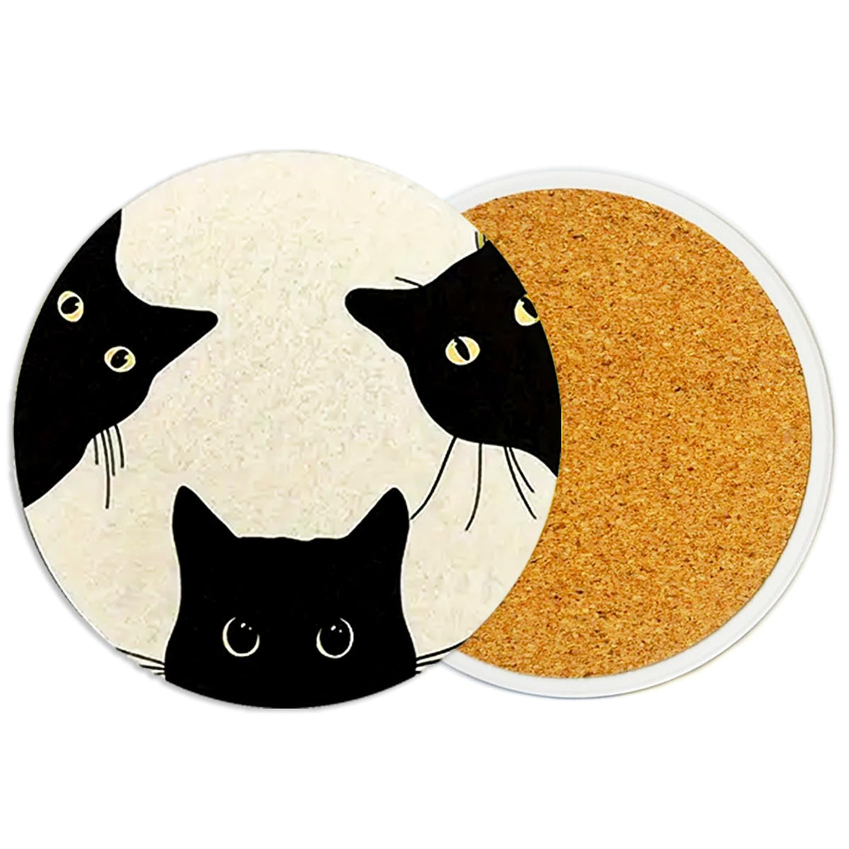 2PcsCat Ceramic Coasters with Cork Base Absorbent Cup Mat for Drinks
