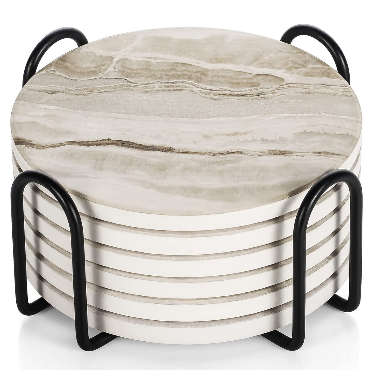 LIFVER Absorbent Coaster Sets of 4, Drink Coasters with Holder, Marble Style Ceramic Drink Coaster for Tabletop Protection, Suitable for Kinds of Cups, Wooden Table, Cool Home Decor, 4 Inches