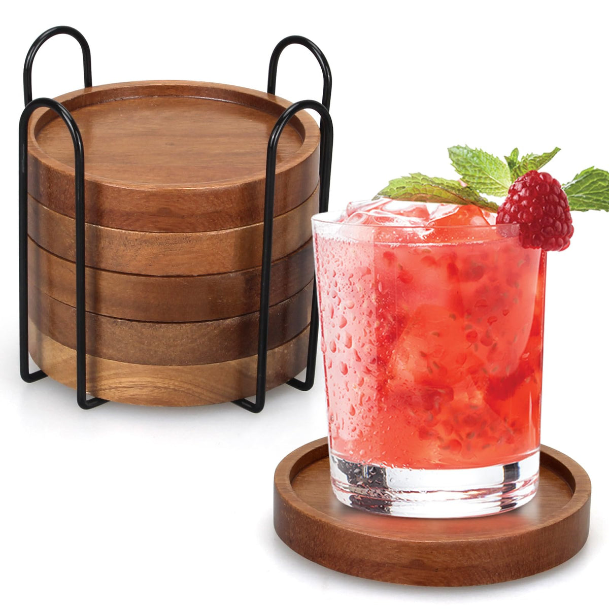 Acacia Wood Coasters Set of 8 Bar Accessories Table Decor Wooden Coaster
