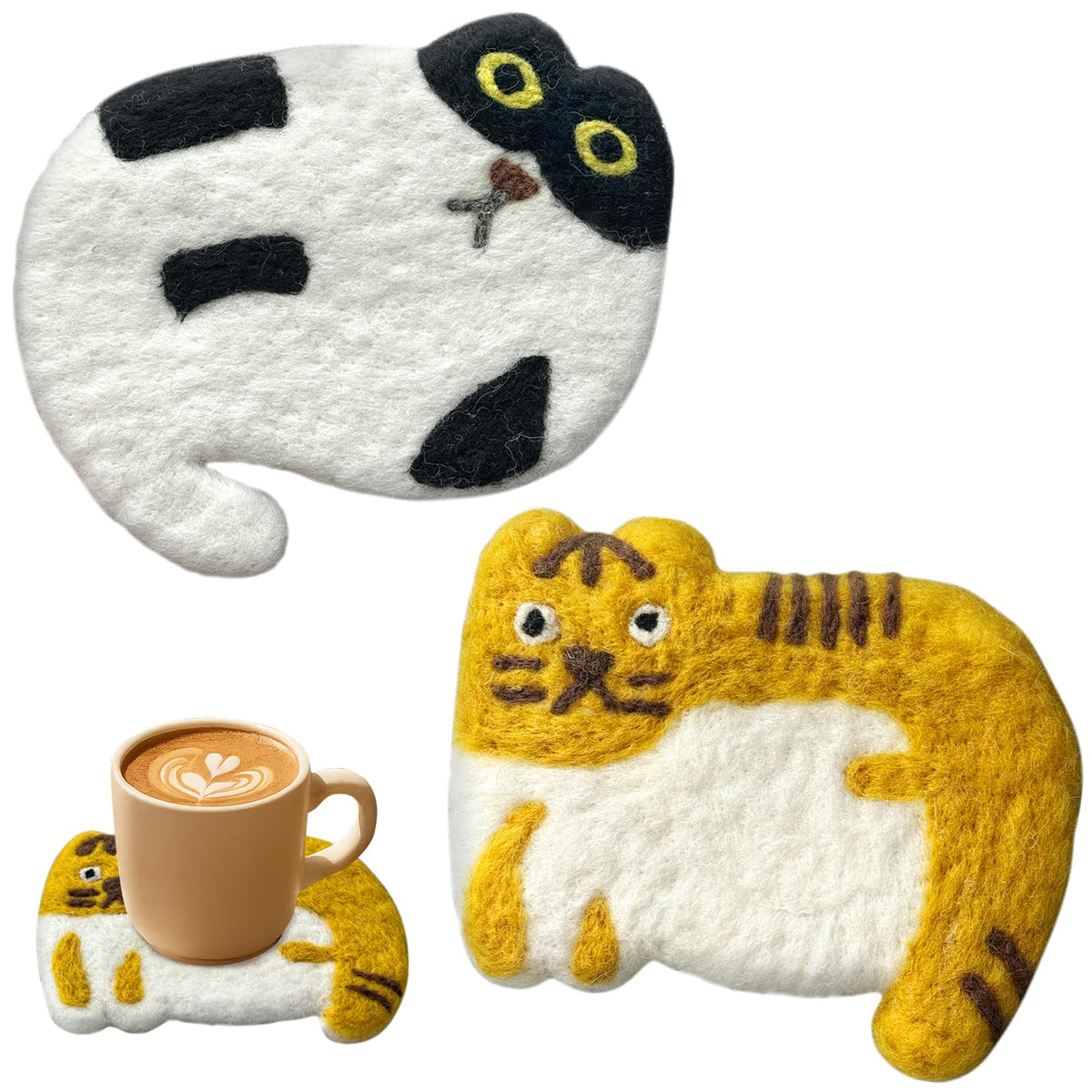 Cute Wool Cat Coasters - 2 Pack Brown and Cow Cat Coasters for Desk, Heat Insulation, Moisture Absorbent, Handmade Wool Felt, for Office Home, Christmas Housewarming - Set of 2