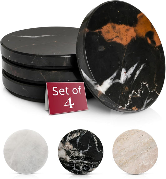 Gusto Nostro Black Marble Coasters Set of 4 - Luxury Natural Stone Coasters for Drinks - Genuine Marble Kitchen Accessories, Round Artisanal Stone Coaster for Kitchen Counter, Coffee Table, Home Decor
