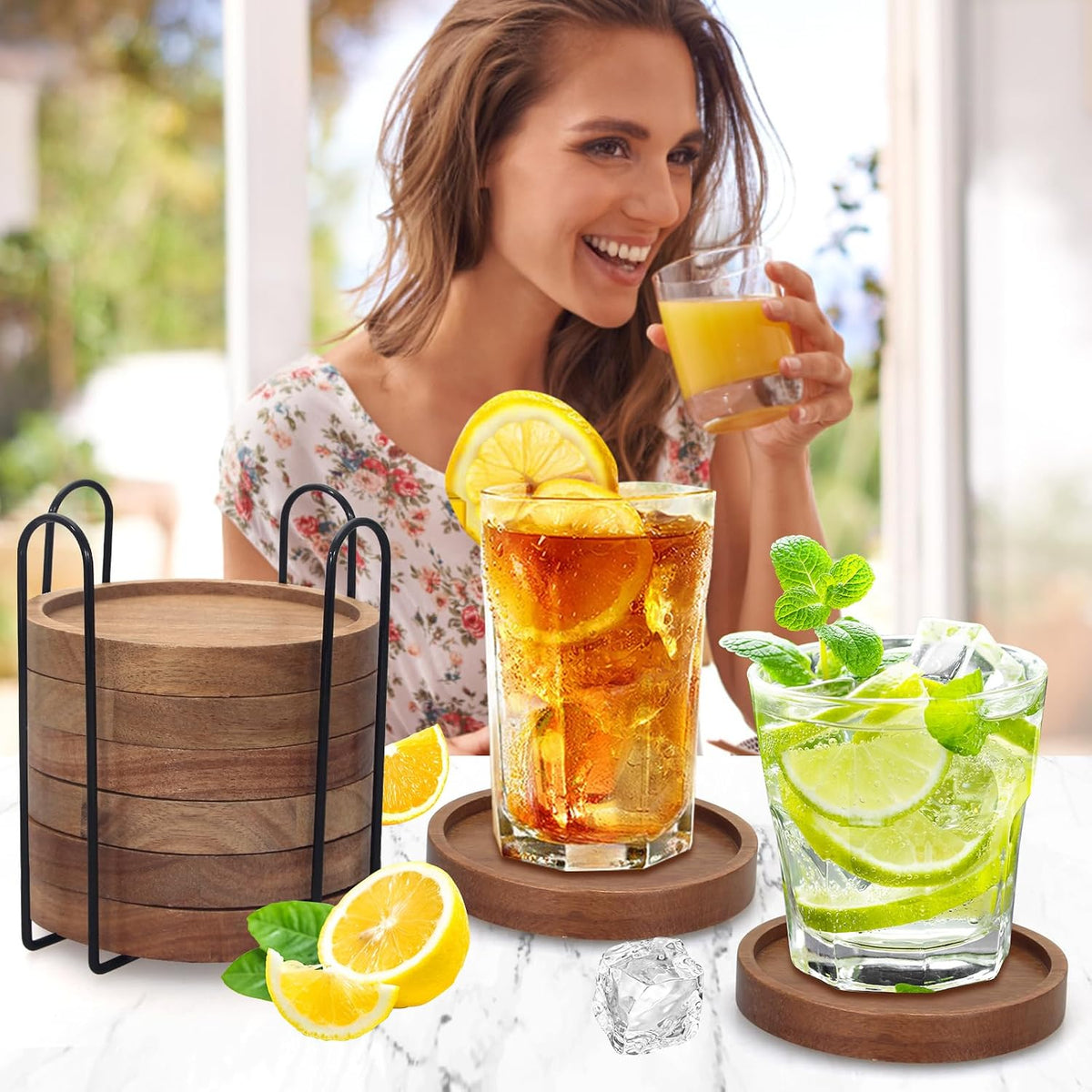Acacia Wood Coasters Set of 8 Bar Accessories Table Decor Wooden Coaster