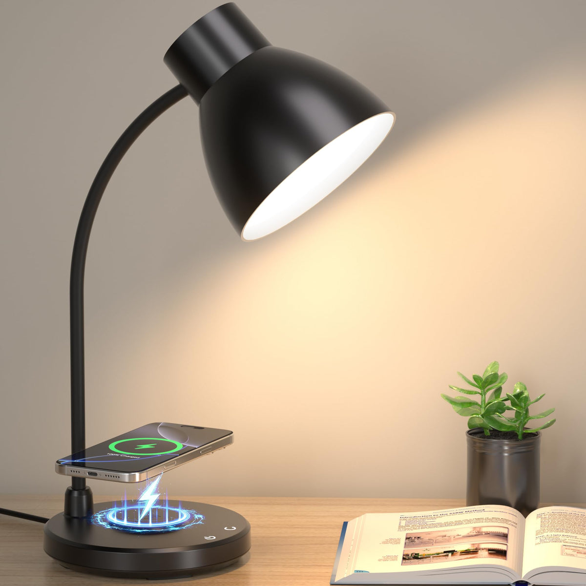LED Desk Lamp for Home Office with Wireless Charger, Black
