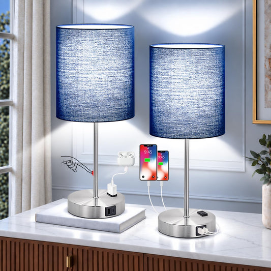 Set of 2 Touch Control Table Lamps with 2 USB & AC Outlet, 3-Way Dimmable Bedside Nightstand Lamps for Bedroom Living Room Nursery, 800 Lumens 5000K Daylight Bulbs Included
