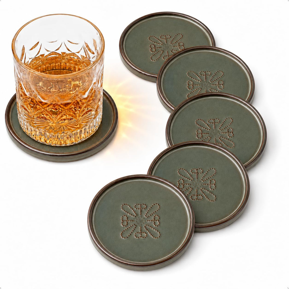 Drink Coasters, Ceramic Coasters for Drinks, 6 Pack, Green