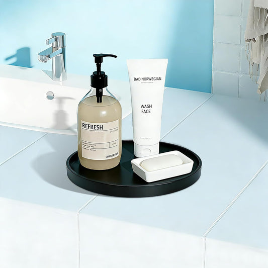 1 Pack 8" Bathroom and Vanity Tray, ABS Bathroom Counter Organizer, Coffee Table Decor for Perfume, Candles, Keys &More. Kitchen Countertop Organizer, Decorative Tray Soap Holder, Black