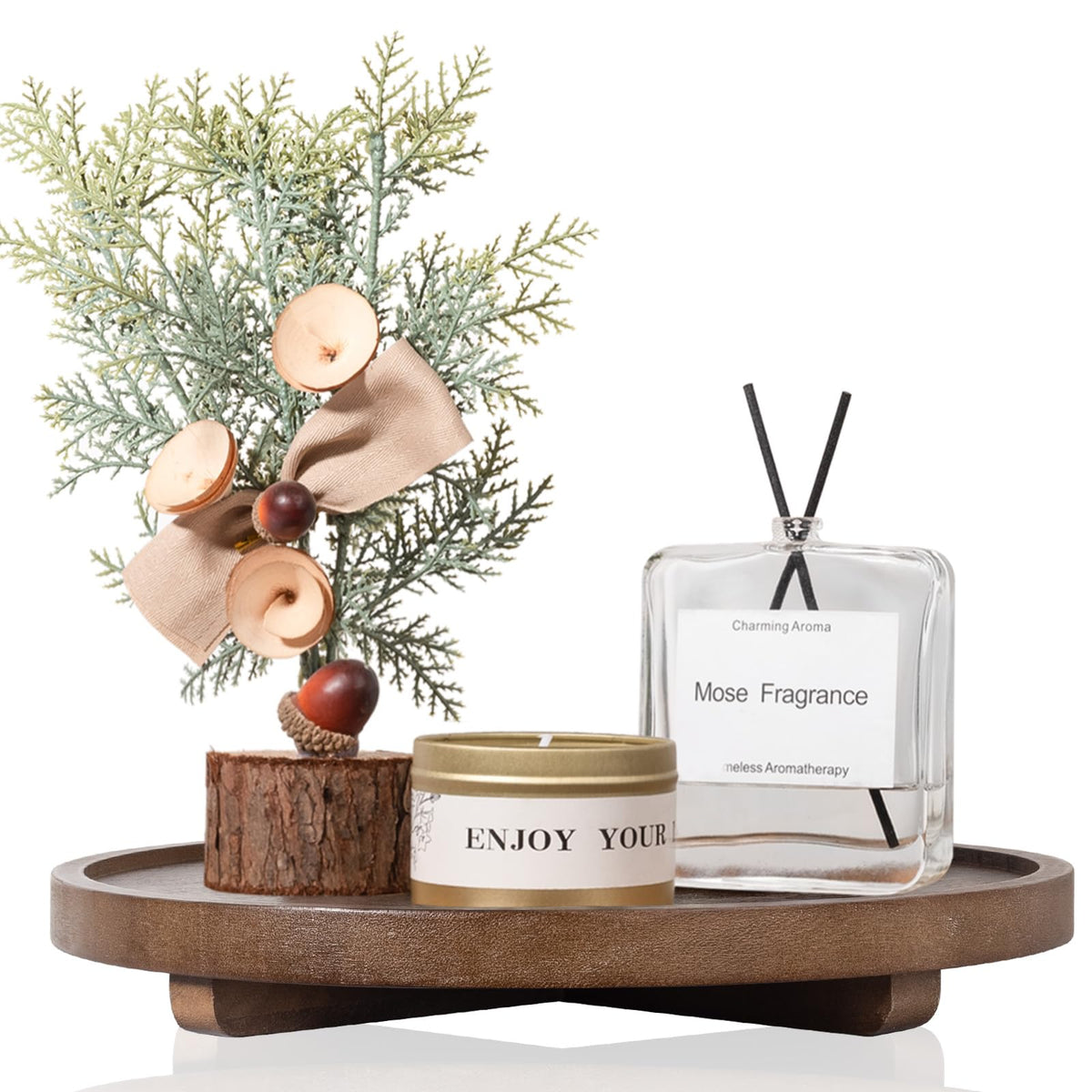 Round Decorative Tray Wood Bathroom Counter Organizer Farmhouse Kitchen Decor Wooden Riser for Soap Dish, Perfume, Candle, Sponge, 10" - Brown